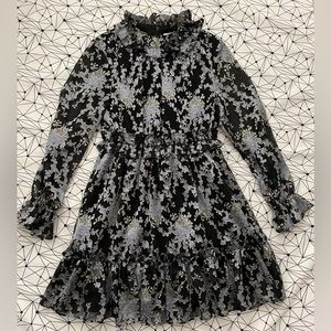 Ted Baker Long Sleeve Black w/ Blue Floral Print Chiffon Dress Size 1